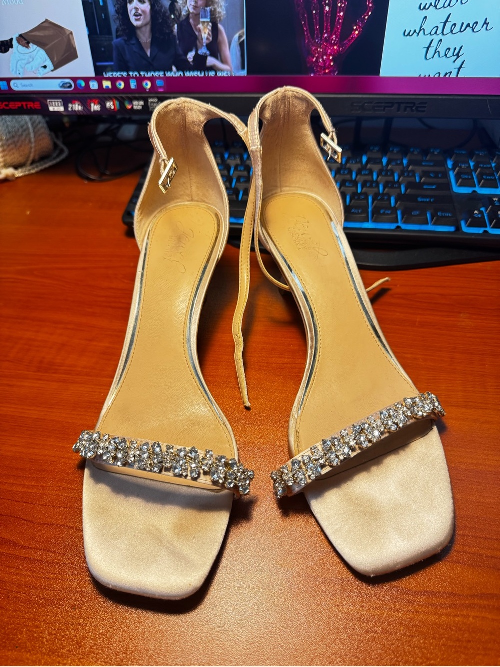 Jewel Badgley Mischka Champaign Satin Embellished Ankle Strap 2” Heels - Size 10
